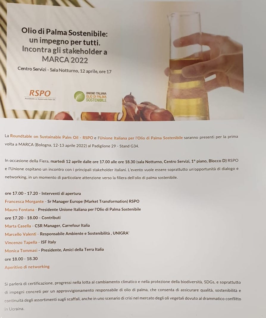 amicidellaterra's tweet photo. A Marca 2022 @EPOA_IT ed #RSPO raccontano l'impegno per una filiera sostenibile dell'olio di palma. Si parla di certificazione, lotta al #climatechange, protezione della #biodiversità, #SDGs.

Per noi ospite Monica Tommasi https://t.co/LyDgyGPoKu
