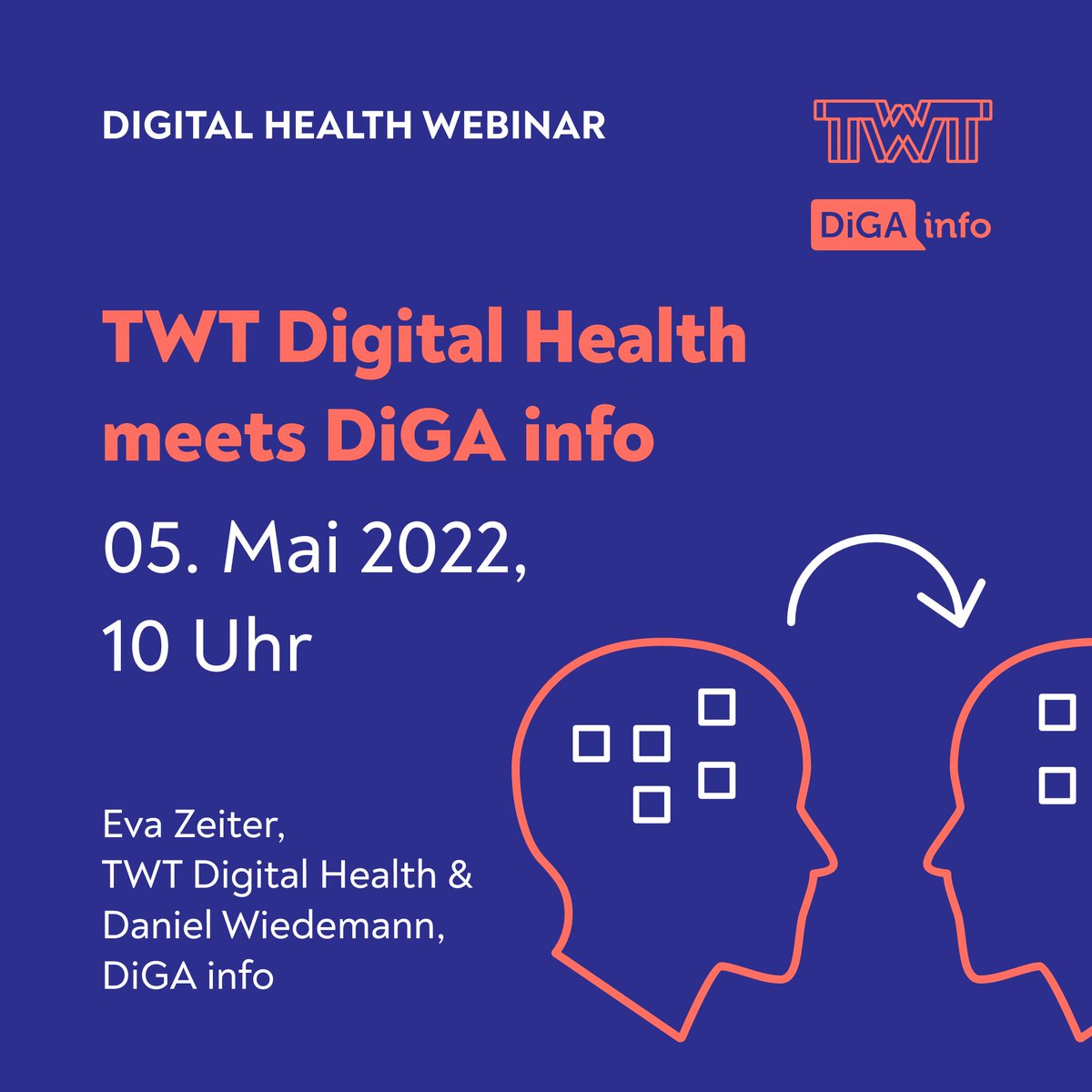 TWTDigiHealth's tweet photo. Neues Webinar 💥
Am 05.05. von 10:00 - 11:00 Uhr präsentieren wir euch das Wichtigste zum Thema DiGA - mit Eva Zeiter (TWT Digital Health GmbH) und Daniel Wiedemann (DiGA info). 
▷ Hier geht’s zur Agenda &amp; kostenfreien Anmeldung:
https://t.co/Ia11Q1rKuW https://t.co/15LXZxPejH