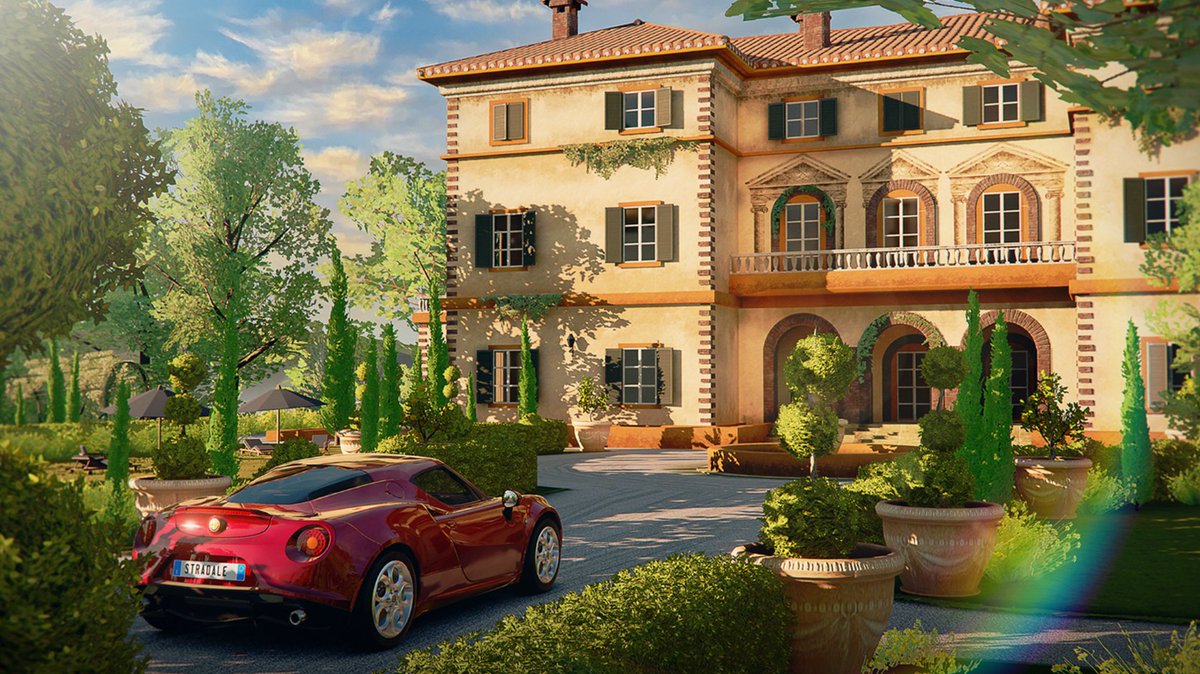 A still image from Gear Car Stradale of a red luxury car outside of a Tuscany villa.