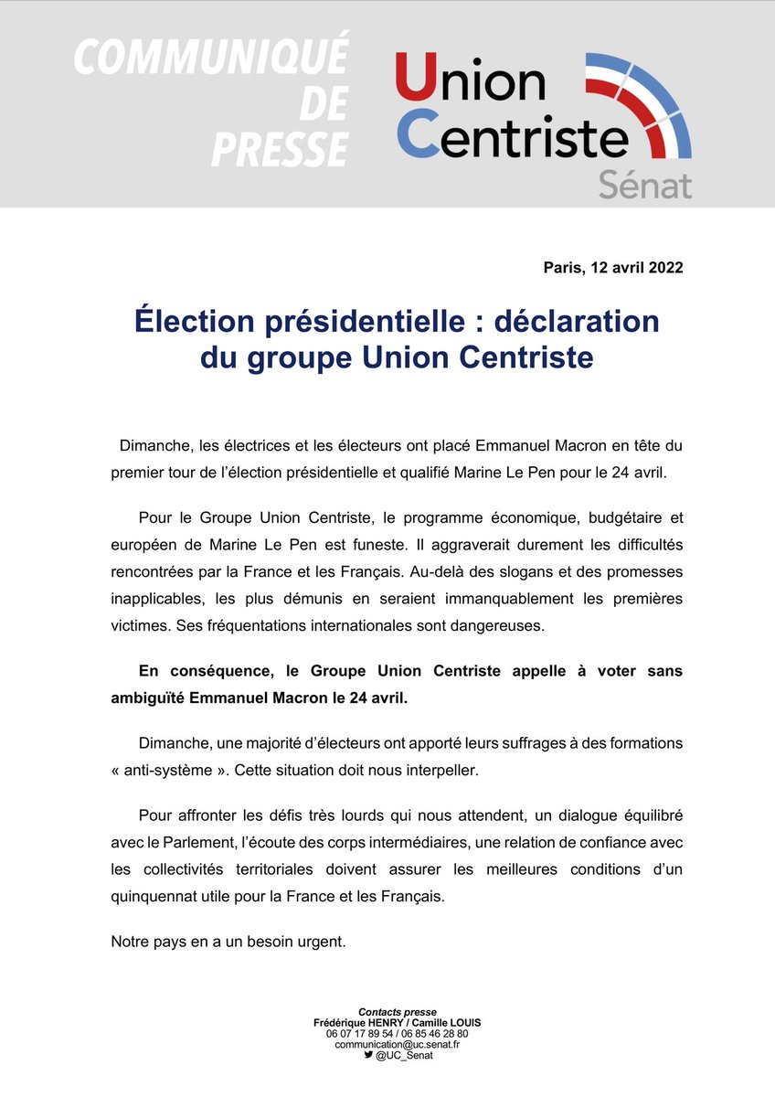 UC_Senat's tweet photo. #COMMUNIQUÉ
#Présidentielle2022 #JeVote
🗳 Le groupe Union Centriste du Sénat appelle à voter sans ambiguïté Emmanuel Macron pour le second tour de l’élection présidentielle, le 24 avril prochain. https://t.co/GKoGSXcPpM