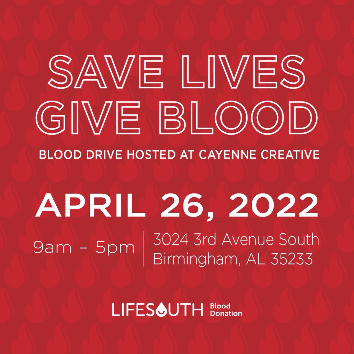CayenneCreative's tweet image. Give a little. 🩸 

We&apos;re hosting a blood drive with @LifeSouth to aid in the emergency need for blood donations throughout our community hospitals. #giveblood #savelives

Schedule your appointment to give blood and save lives. lifesouth.org