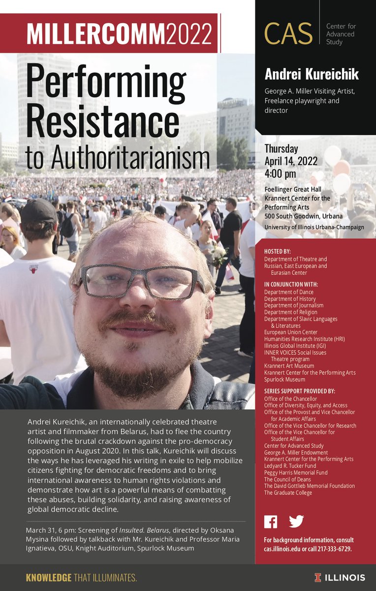 REEEC_UIUC's tweet photo. Please join us on Thursday, April 14th at 4:00 PM (CDT) at Foellinger Great Hall in the Krannert Center for the Performing Arts for "Performing Resistance to Authoritarianism" by Andrei Kureichik. https://t.co/bzFTTm1KOY