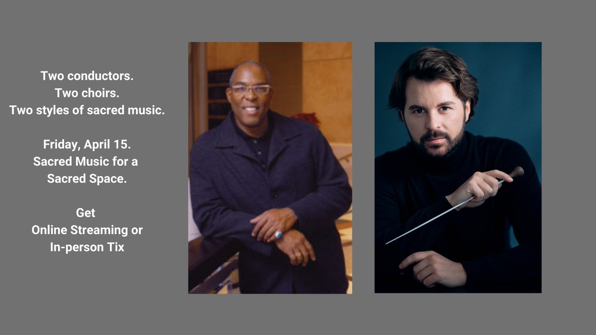 Two conductors. Two choirs. Two styles of sacred music. This Friday. Sacred Music for a Sacred Music. Get your streaming or in-person tickets. tmchoir.org/event/sacred-m… #choralmusic <a href="/livestream/">Live stream</a> 
#concerts <a href="/BrainerdBT/">B. Blyden-Taylor</a> <a href="/ndettchorale/">NathanielDettChorale</a>