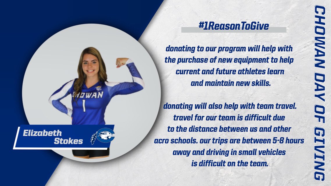 Here is Lizzies reason to give to the Chowan A&amp;T team tomorrow during our annual day of giving! #1ReasonToGive #SoarWithUs