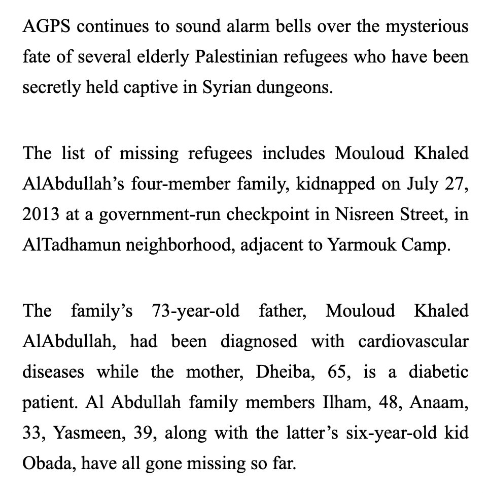 SAMRIReports's tweet photo. Missing #Palestinian refugees in #Syria.

Al Abdullah family members Ilham, 48, Anaam, 33, Yasmeen, 39, along with the latter’s 6-year-old kid Obada, were kidnapped by #Assad regime forces on 27 July 2013. Their fate and whereabouts are unknown as yet.

https://t.co/nsVZfklCIG https://t.co/Zuml7rHTas