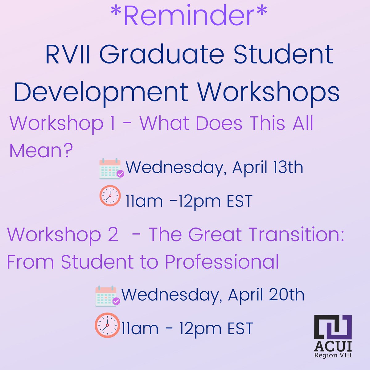 *Reminder* RVII Grad Development Workshops will take place on Wednesday, April 13th and Wednesday, April 20th.

Register to receive the zoom link for each of the Workshops. linktr.ee/ACUIRegionVIII…