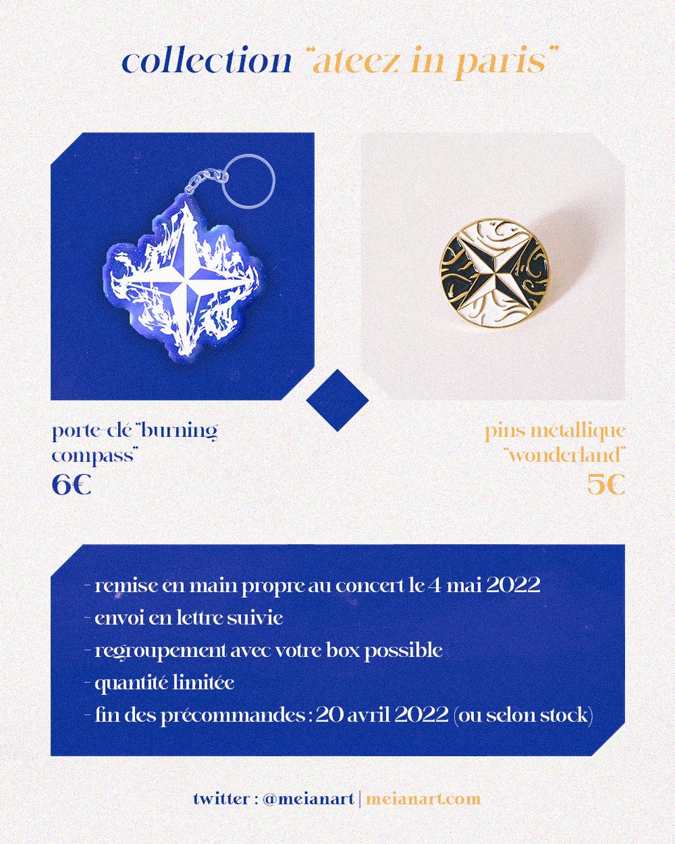 ─ 𝐂𝐎𝐋𝐋𝐄𝐂𝐓𝐈𝐎𝐍 #ATEEZinParis

Précommandez dès maintenant mon porte-clé et mon pins d'ATEEZ à l'occasion de leur concert à Paris le 4 mai prochain ! J'espère que ça vous plaira ! 🥺

LIEN : MEIANART.COM