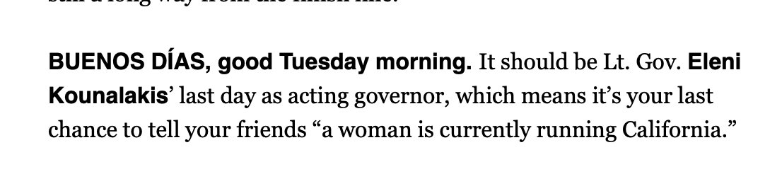Love being able to say that <a href="/EleniForCA/">Eleni Kounalakis</a> is the woman at the helm of #California right now. Thanks, <a href="/politico/">POLITICO</a> and <a href="/JeremyBWhite/">Jeremy B. White</a>!