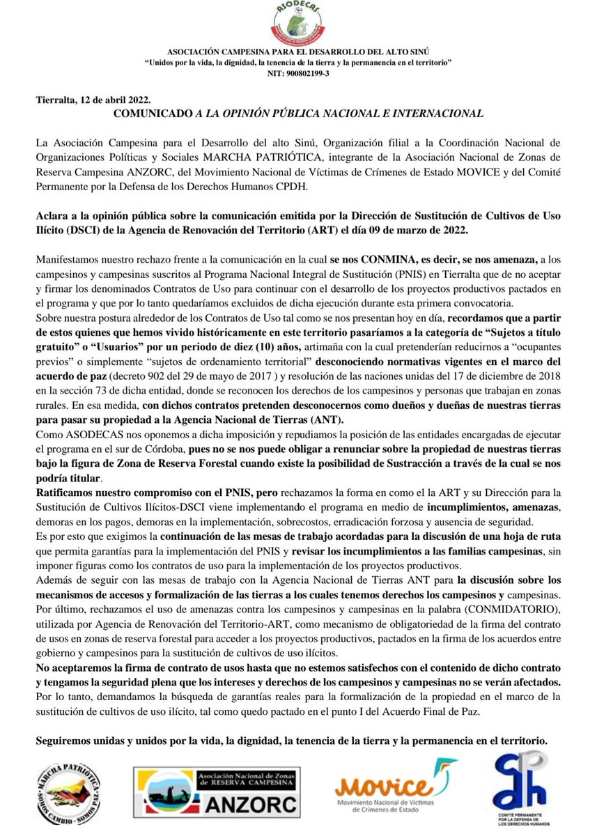 Comunicado a la opinión pública sobre la comunicación emitida por la Dirección de Sustitución de Cultivos de Uso Ilícito (DSCI) de la Agencia de Renovación del Territorio (ART) el día 09 de marzo de 2022.