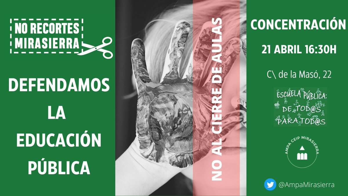 La AV Montecarmelo estamos en contra del cierre de aulas en el CEIP Mirasierra y estaremos en la concentración del próximo 21 de abril a las 16:30 en C/ de la Masó 22.

#HacemosBarrio #AVMontecarmelo #Montecarmelo  <a href="/AmpaMirasierra/">AMPA CEIP Mirasierra</a> #Escuelapublicadetodosparatodos #EducacionPublica