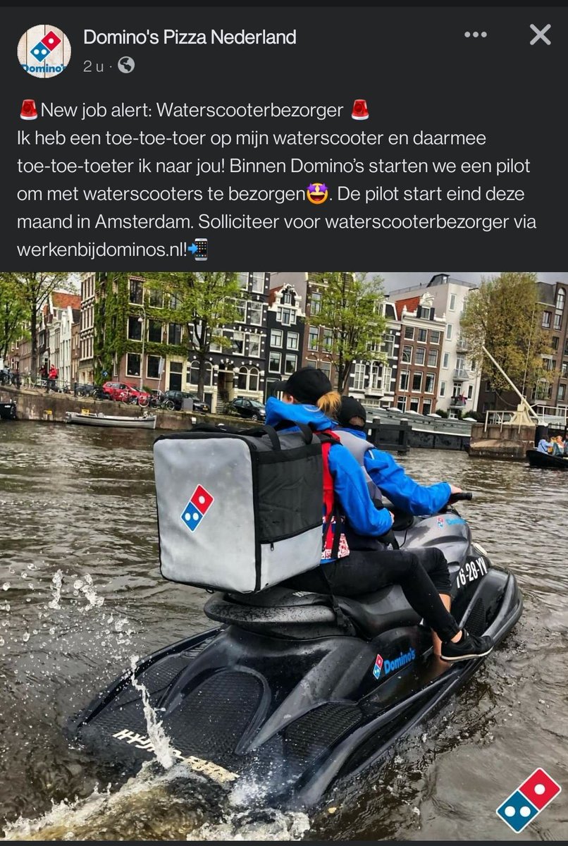 martithon's tweet photo. @joecarlsonshow as a dominos shareholder, you might like this news! NL is gonna try out delivering with jetski's 😂 https://t.co/YzmEttW42T