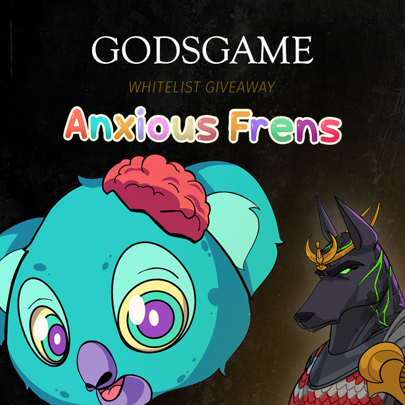 Godsgame community is thriving...

Members just secured WL for this free mint!

<a href="/AnxiousFrens/">Anxious Frens</a>
 is a collection created to bring awareness to mental health in particular anxiety and depression

Prize: 3x WL
Free Mint

- Follow  <a href="/GodsgameNFT/">GODSGAME</a> +<a href="/AnxiousFrens/">Anxious Frens</a> 
- Like+RT
- Tag 3 fr
24h