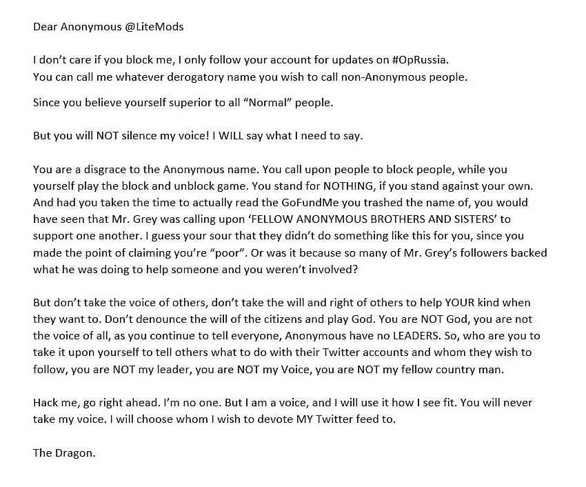 TSD_Dragon's tweet photo. @LiteMods @IAmMrGrey2 @An0n_Zeus
#Anonymous #normalpeoplearentstupid #Youdontspeakforme #helpishelp #notallhelpisascam https://t.co/2vs96ki8On