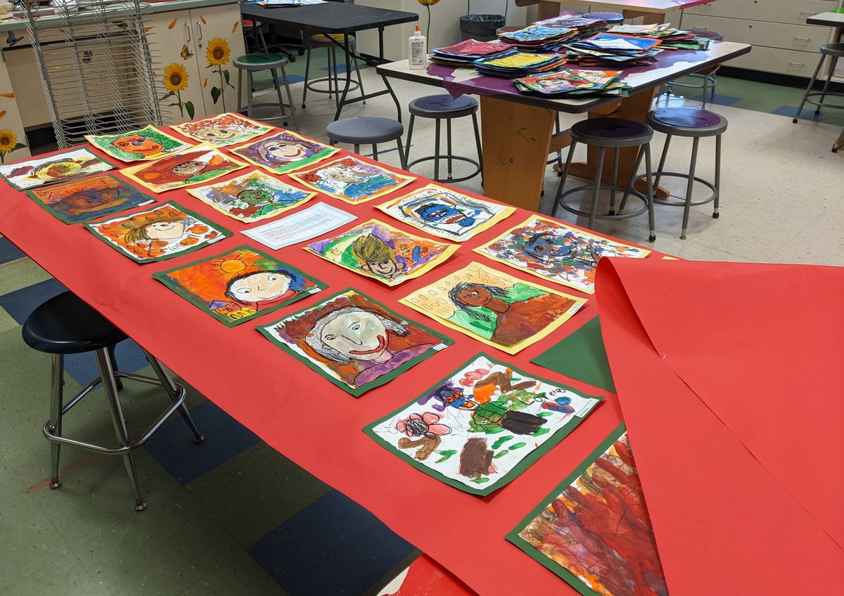 Getting some things ready for our District Art Show, April 28 at The High school!  So excited to show off the work of my amazing Pine Road students! Here is a sneak peek at some amazing portraits by K students! #LMDAF2022 <a href="/LMTSD_PRES/">Pine Road</a>