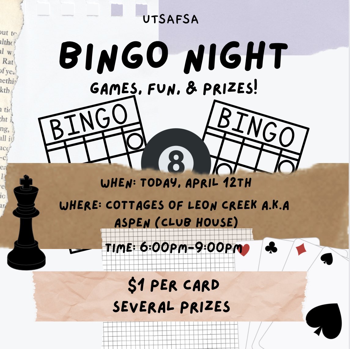 Mabuhay everyone! Tonight is Bingo night at Aspen Clubhouse from 6:00pm-9:00pm. There will be prizes!Can’t wait to see y’all there! Salamat