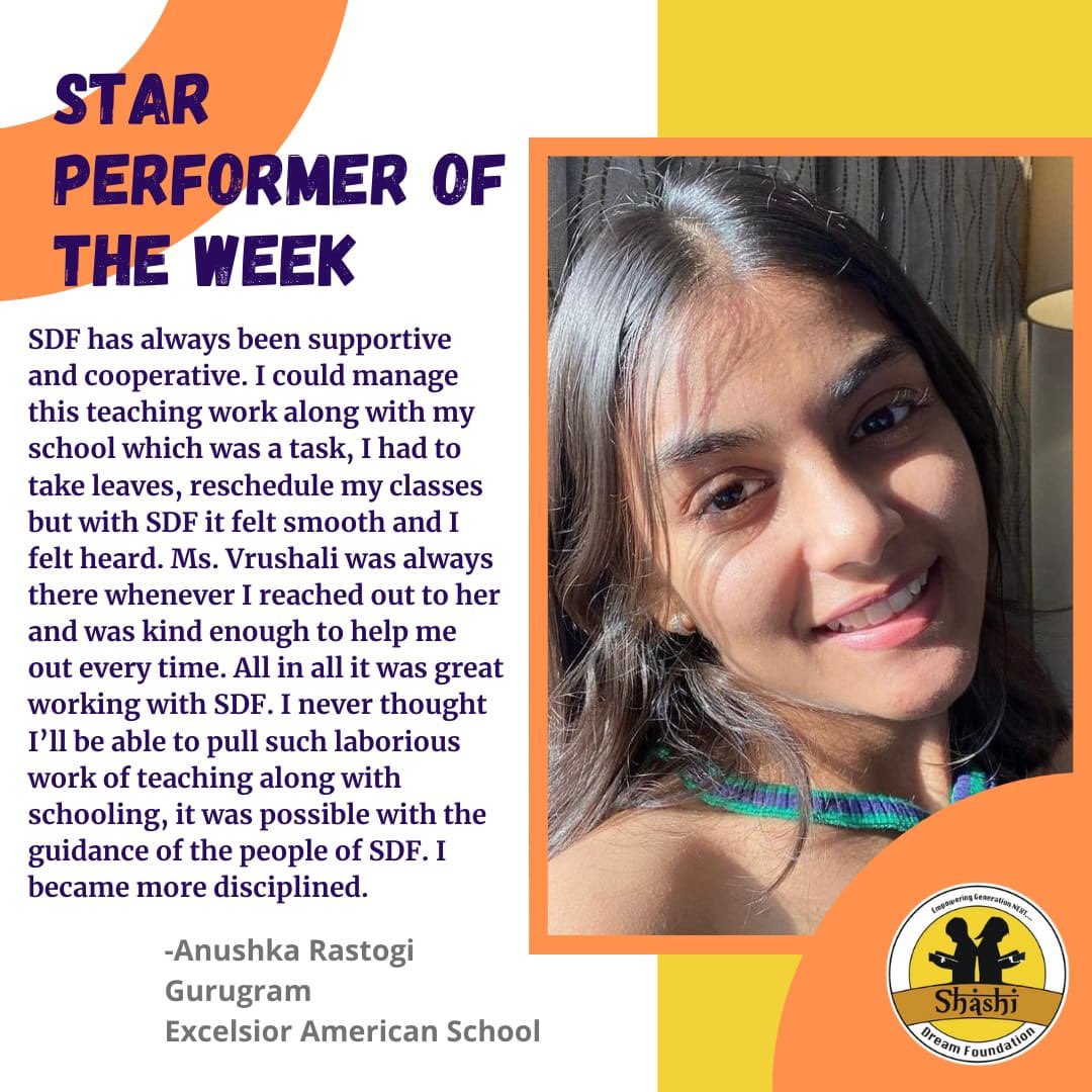 shashi_dream's tweet photo. With this we are glad to announce Miss Anushka Rastogi as our Star Performer π and congratulate π her on her phenomenal performance wishes her all the very best #StarPerformer #workfromhome #virtuallearning #virtualinternship #VirtualIntern #literacymatters #literacyforall https://t.co/8JTbj9WVTV