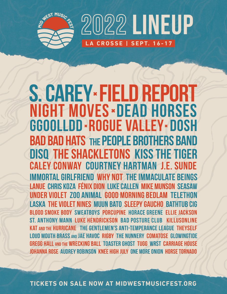 The La Crosse Line Up is here!

60 bands across 7 stages, Sept 16-17. Tickets are now on sale at tixr.com/groups/midwest…

Headliners include S. Carey, Field Report, The People Brothers Band, GGOOLLDD, Disq and so many more!