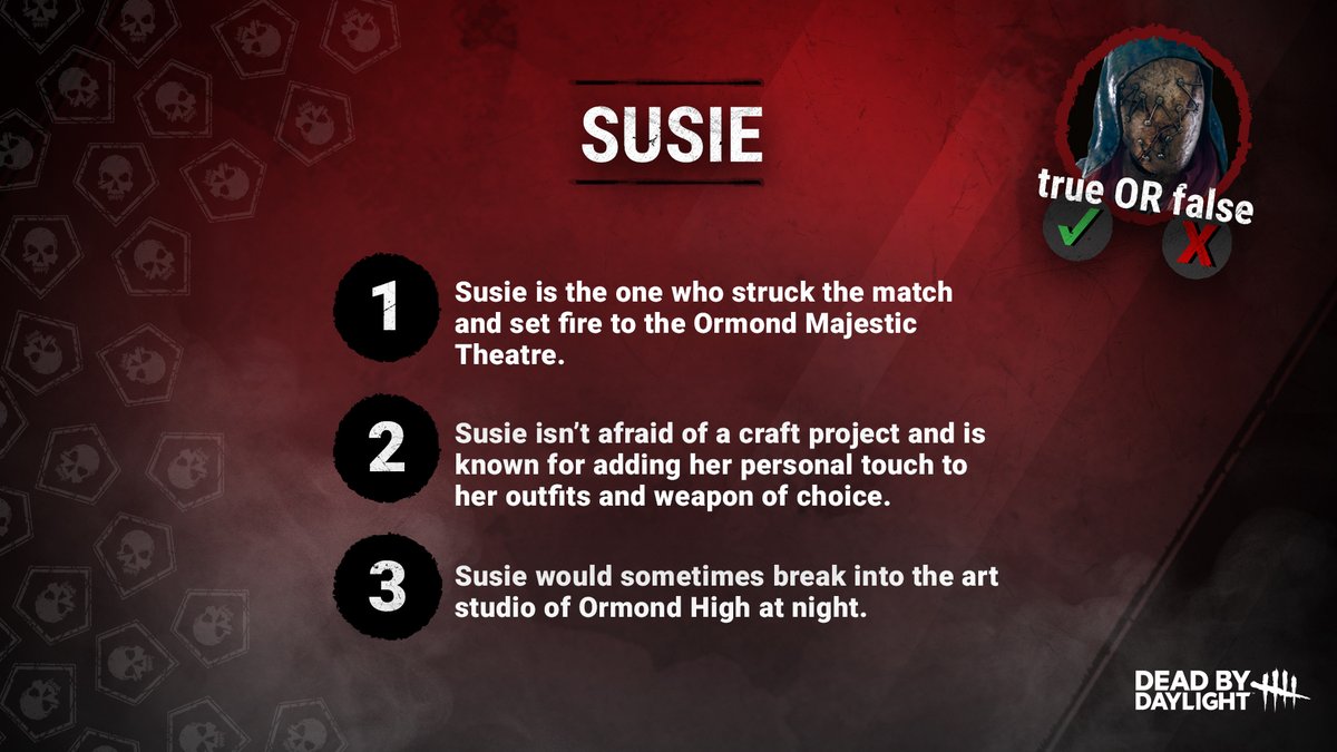 DeadbyDaylight's tweet image. Two truths and a lie with Susie from The Legion 🔎 She's got some tricks up her sleeves.
