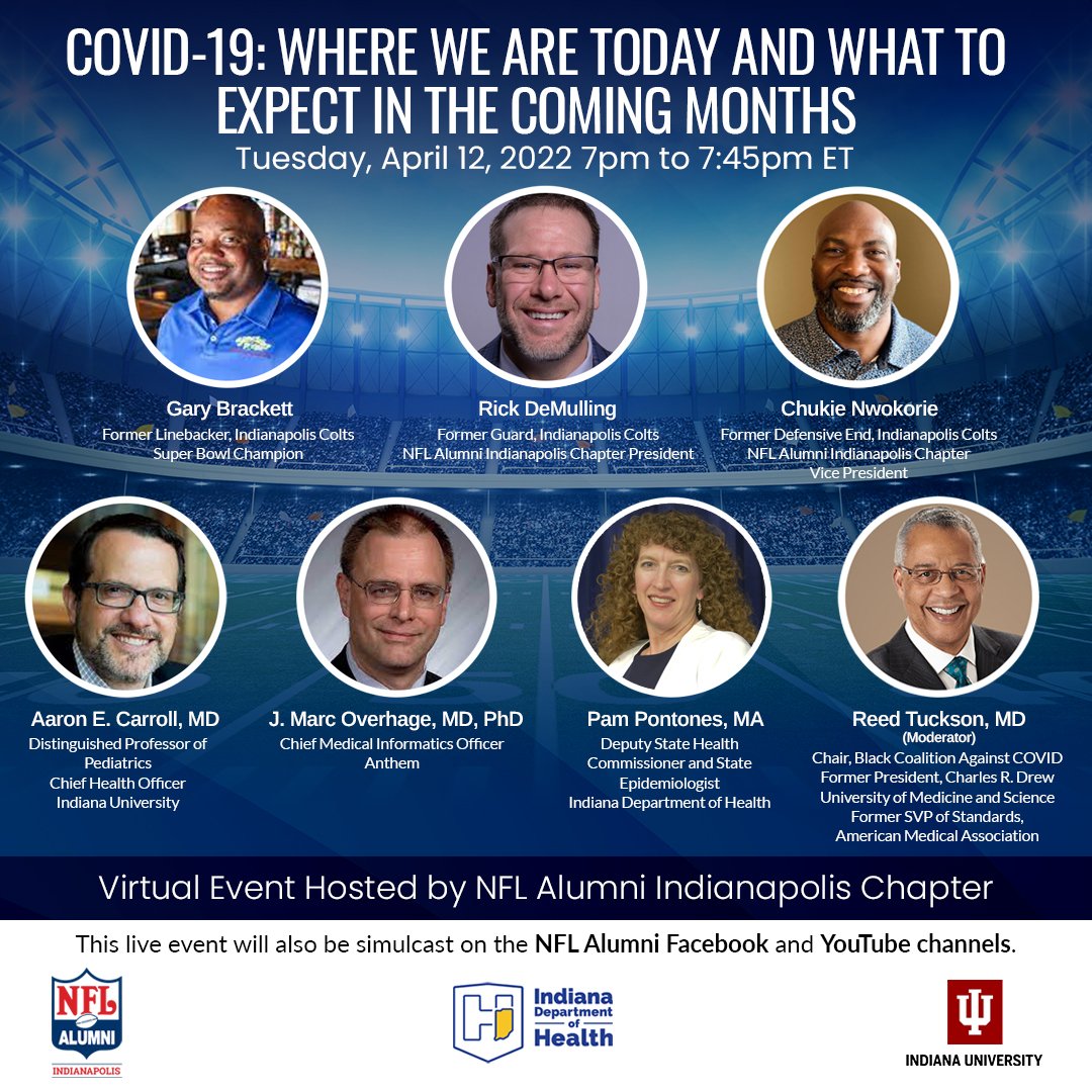 #TuesdayTip #GetTheFacts #COVID19 Today & Coming Months Virtual #NFLAlumniHealth Event w @IndianaUniv Dr. Aaron Carroll @aaronecarroll, Dr. Marc Overhage @AnthemInc, Pam Pontones @StateHealthIN, @DrReedTuckson @BCAgainstCOVID TONIGHT (4/12) 7pm ET Register bit.ly/3j9fnFk