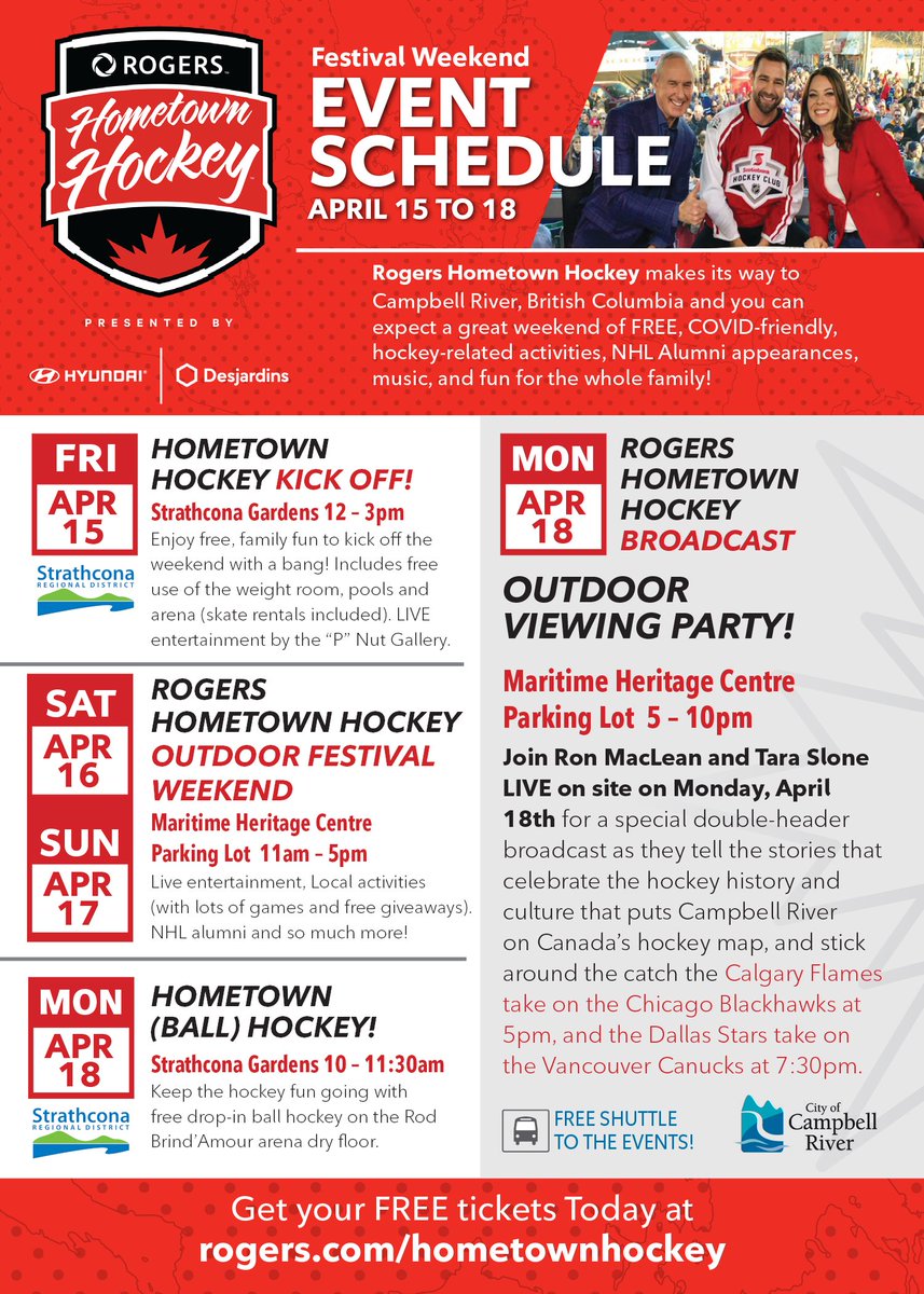 #campbellriver, are you ready to Paint the Town Red?! Rogers Hometown Hockey is coming to town THIS weekend! We're happy to share this schedule of free, COVID-friendly, hockey-related activities and fun for the whole family. Get your free tickets at: hometownhockey.com