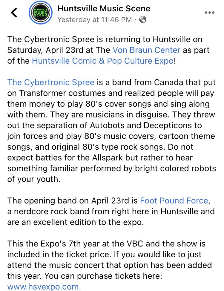 FootPoundForce's tweet photo. Shoutout from Salina at #HSVMusicScene on our upcoming show with @cybertronicband at @HsvExpo. We hope to see you there at the amazing #HuntsvilleComicAndPopCultureExpo! #HSVExpo2022 #HSV #HuntsvilleAL #Nerd #Geek #NerdCore #NerdRock #RocketCity #HSVExpo #TillAllAreOne https://t.co/Rtl11ign0U