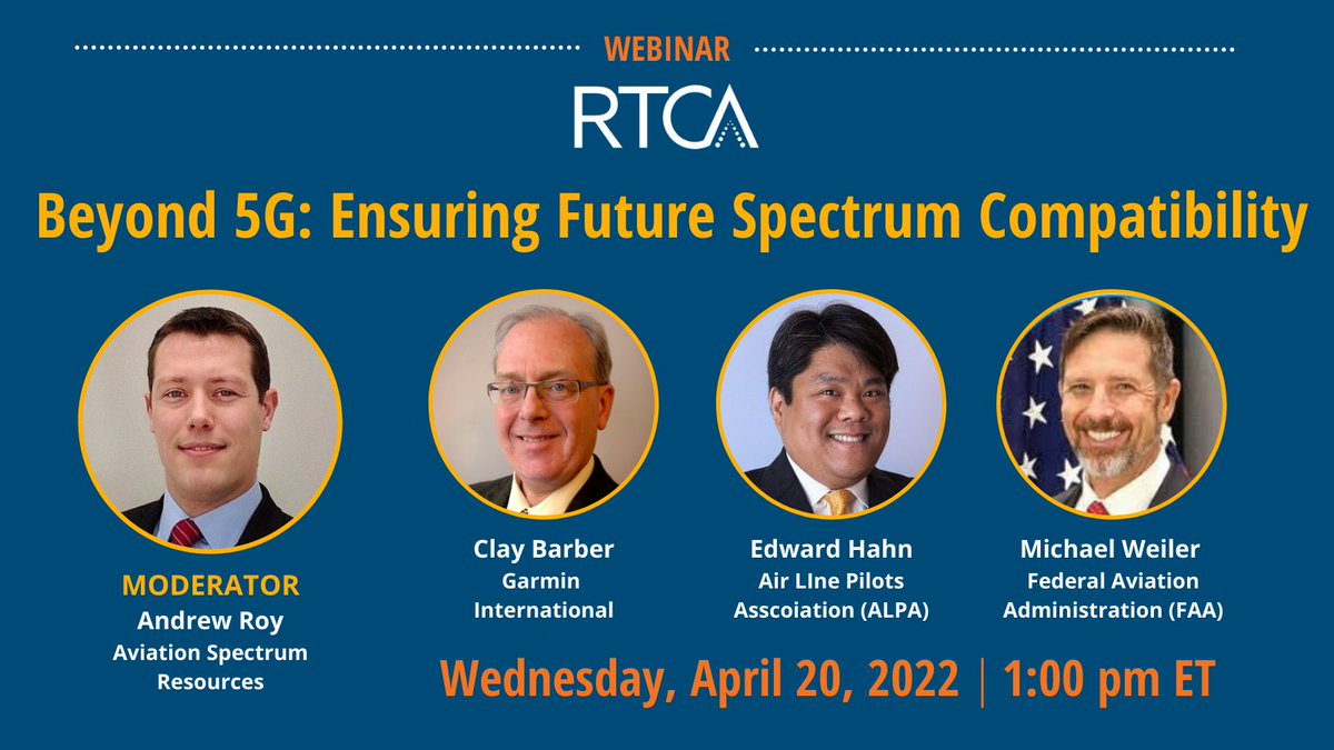 RTCA welcomes Michael Weiler of <a href="/FAANews/">The FAA ✈️</a> Spectrum Office to the April 20 webinar panel on Beyond 5G: Ensuring Future Spectrum Compatibility bit.ly/3IUnwYS #5g #spectrum #innovation