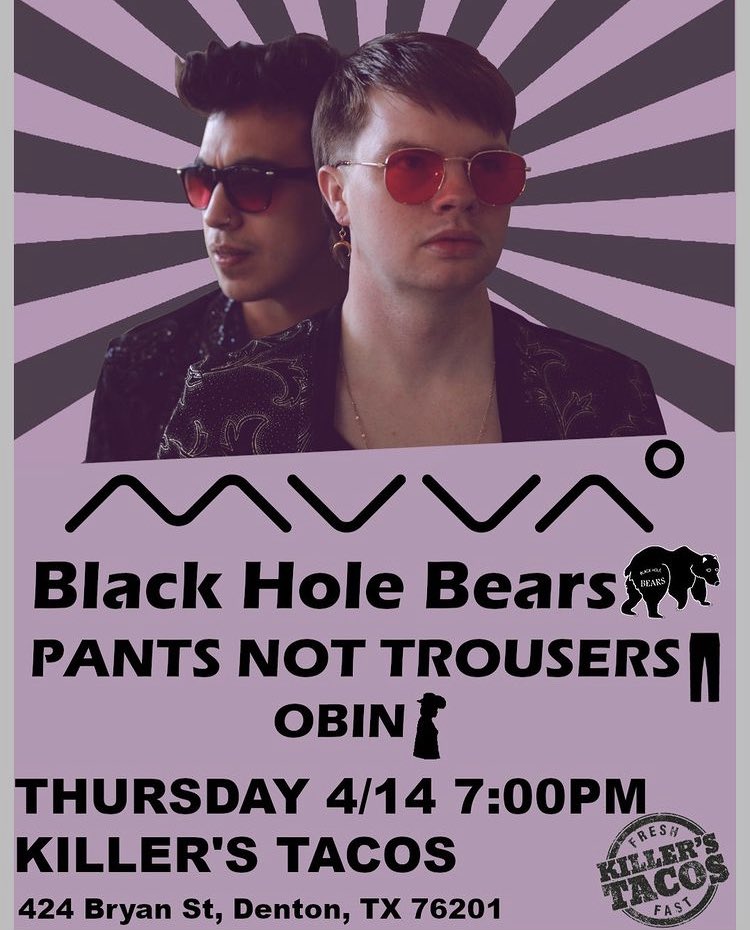 We’ve got 2 shows thisweek🎉 

On Thursday 4/14, we’ll be playing at Killer’s Tacos in Denton, then ending the week at <a href="/doublewidebar/">Double Wide</a> in Dallas on Saturday 4/16!