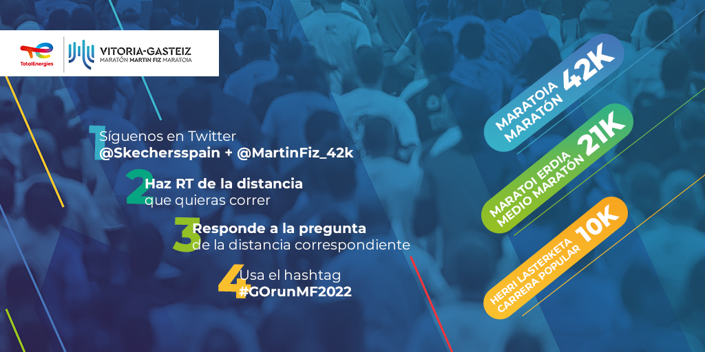 SkechersSpain's tweet photo. ¡Última oportunidad! Consigue tu doral para el maratón. Visita nuestro perfil, síguenos (@SkechersSpain + @MartinFiz_42K) y además:
1️⃣Busca el tweet de la distancia que correrías: 42K, 21K, 10K
2️⃣Haz RT
3️⃣Responde a la pregunta correspondiente
4️⃣Usa #GOrunMF2022
Mucha Suerte🍀 https://t.co/vj7prIvsMK