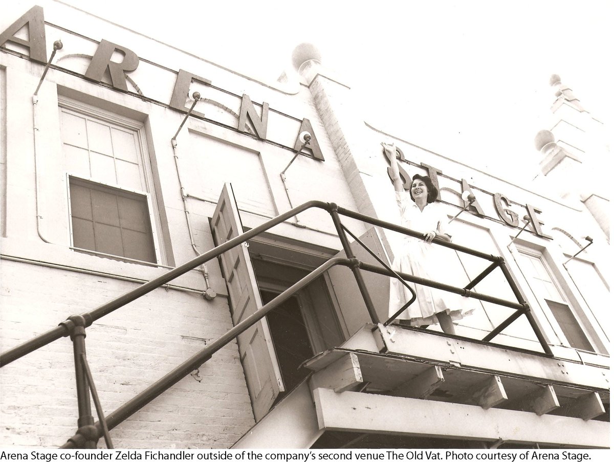 Zelda Fichandler stands on the fire escape outside Arena Stage's second venue, the Old Vat. She waves enthusiastically.