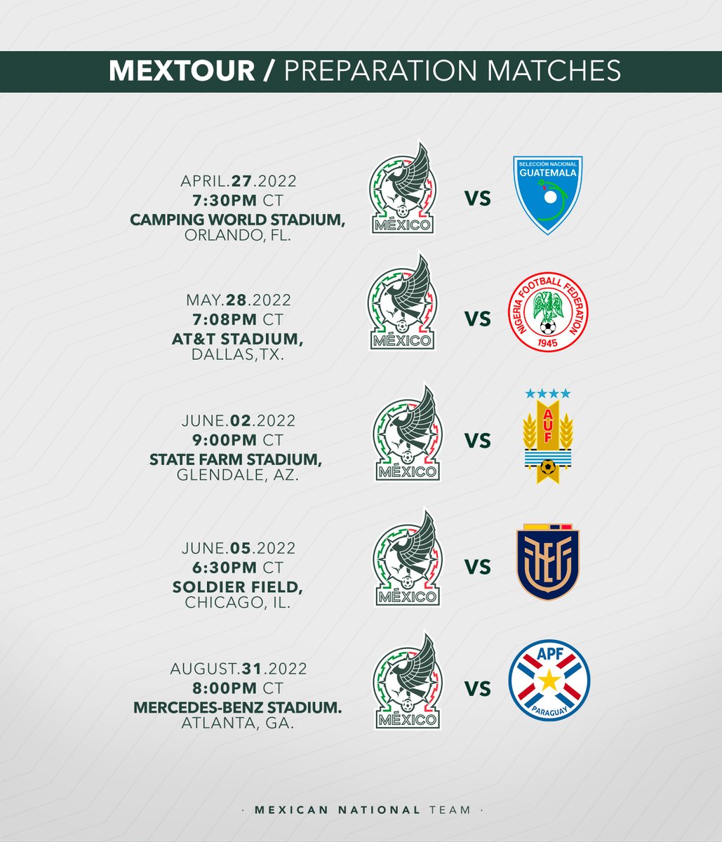 miseleccionmxEN's tweet photo. No excuses, Incondicionales! Here are all the details for our upcoming #MEXTOUR matches! ⌚🇲🇽

Make sure you add them to your calendars! 🗓💚

#SomosLocales | #FMFporNuestroFútbol https://t.co/qoygEVGDcV