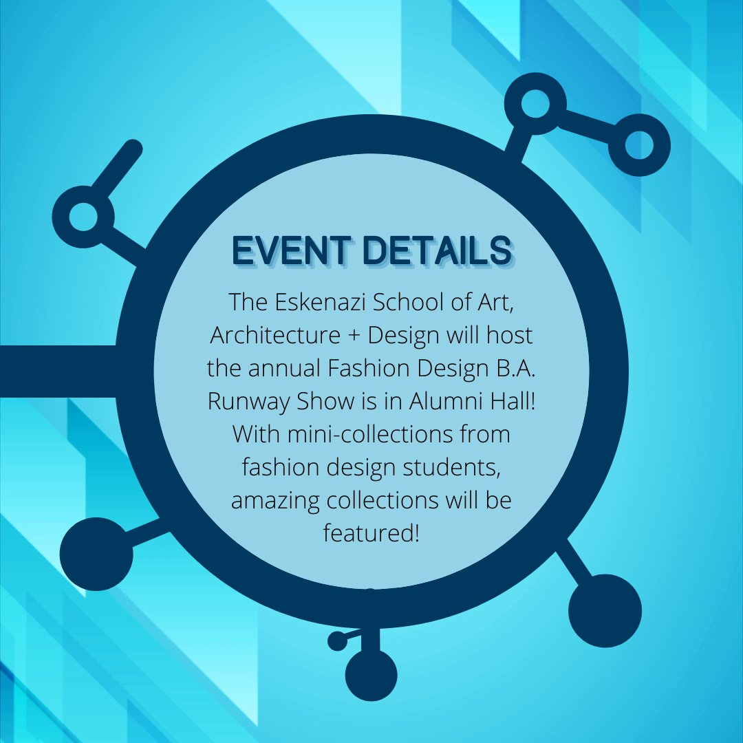 Lights, Camera, Fashion 📸! On Friday, April 15th, the students of the Eskenazi of Art, Architecture + Design present their amazing creations! Held in Alumni Hall, this event will be free and open to the public.
