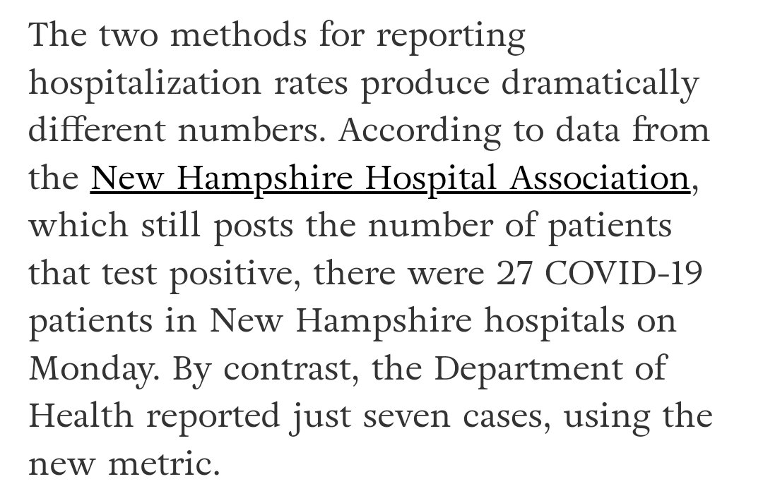 sleepyknave's tweet photo. In New Hampshire, patients are only counted as COVID hospitalizations if they're receiving one of two specific medications: one that's COVID specific and often hard to access, the other used only for those experiencing severe respiratory distress.
https://t.co/kNJtsc3DOz https://t.co/e6Ee5R1neb