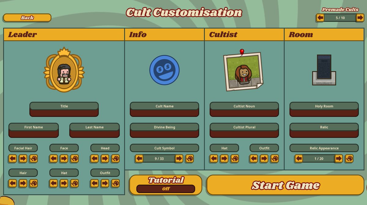The Cult setup screen from Honey, I Joined A Cult