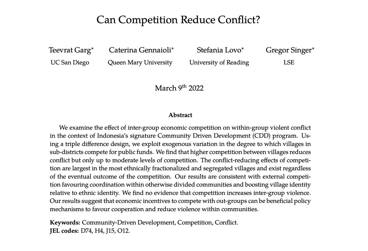 Center for Effective Global Action (CEGA) (@cega_uc) on Twitter photo 📖 New #CEGAWorkingPaper📖
@teevrat, @GennaioliC, <a href="/StefaniaLovo/">Stefania Lovo</a>, and <a href="/Gregor_Singer/">Gregor Singer</a> study community competition for public funds in #Indonesia, finding that for up to moderate levels, higher competition reduces conflict between districts.
escholarship.org/uc/item/1nk180… 📖 New #CEGAWorkingPaper📖
@teevrat, @GennaioliC, <a href="/StefaniaLovo/">Stefania Lovo</a>, and <a href="/Gregor_Singer/">Gregor Singer</a> study community competition for public funds in #Indonesia, finding that for up to moderate levels, higher competition reduces conflict between districts.
escholarship.org/uc/item/1nk180…