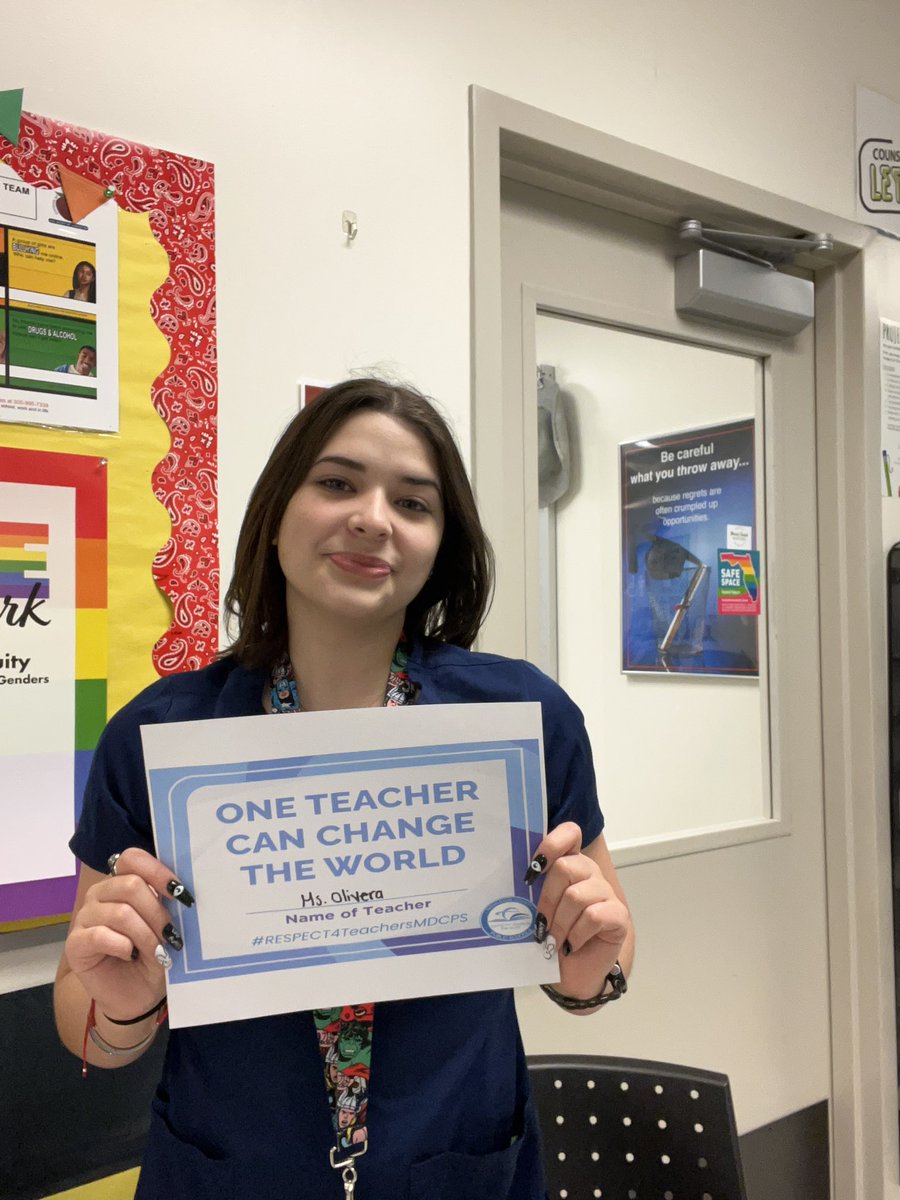 MASTMedical's tweet photo. How has Ms. Olivera changed the world? Her students say “She prepares us for the future and gives us the space to develop our own opinions”😎 Thanks for being a world changer🌎 #sabernation #APEnglishLanguage #yearbooksponsor #schoolnewspaper #mdcpsrespect4teachers https://t.co/jBWKRrUtyc