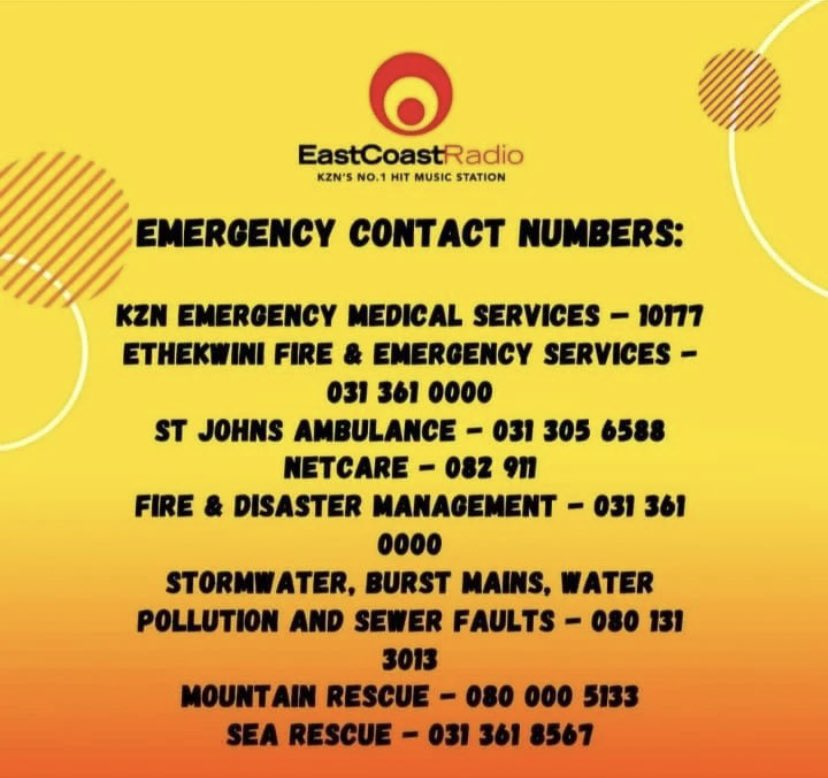 WakefieldsSA's tweet photo. Emergency contact numbers. 
Stay safe KZN. 
Our thoughts and hearts are with our communities. 

#KZN
#kznfloods https://t.co/o2Dt2wM8E7