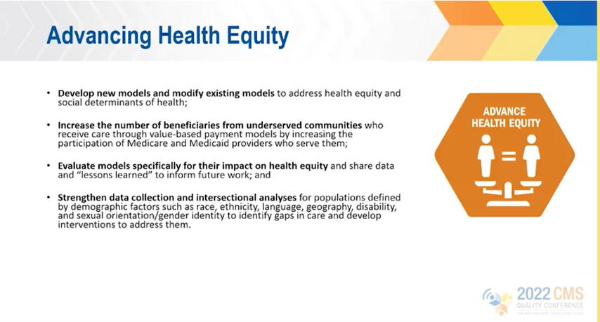 NCQA's tweet photo. @CMSinnovates looks to advance #healthequity in new and existing models, evaluate models specifically for their impact on #healthequity. When models are successful, how do we spread and scale to benefit across the nation? #CMSQualCon22 https://t.co/pAStDmspNt