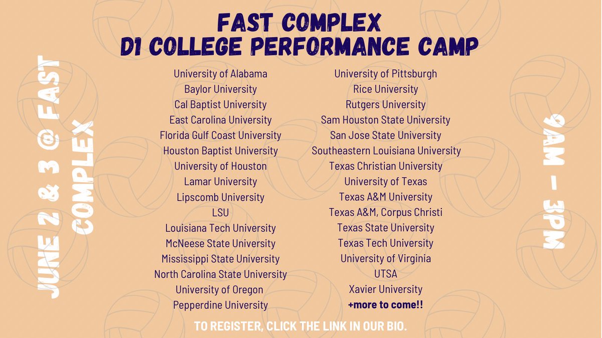 houstonjuniors's tweet photo. ITS BACK! Our D1 College Performance Camp will be back this June, with a long list of colleges attending, and more joining this list each day! Visit the link in our bio and register so you don’t miss out! #hjvfamily #hjvproud #striveforexcellence #d1volleyball #collegevolleyball https://t.co/JMMK8SrQpe