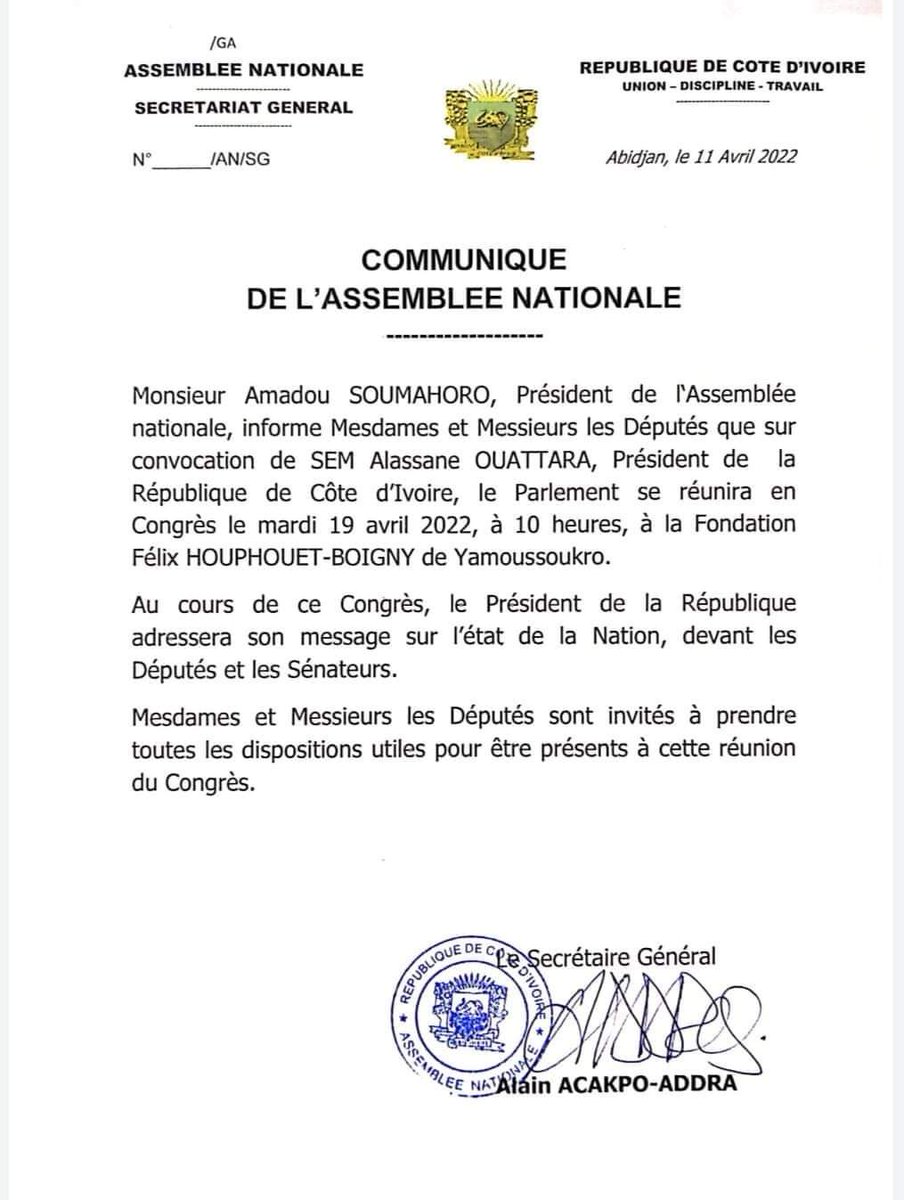 RassemblementT's tweet photo. #Communiqué : Message du Président de la République sur l'état de la Nation, ce mardi 19 avril 2022, à #Yamoussoukro. #CIV225 https://t.co/kBpybP4heB