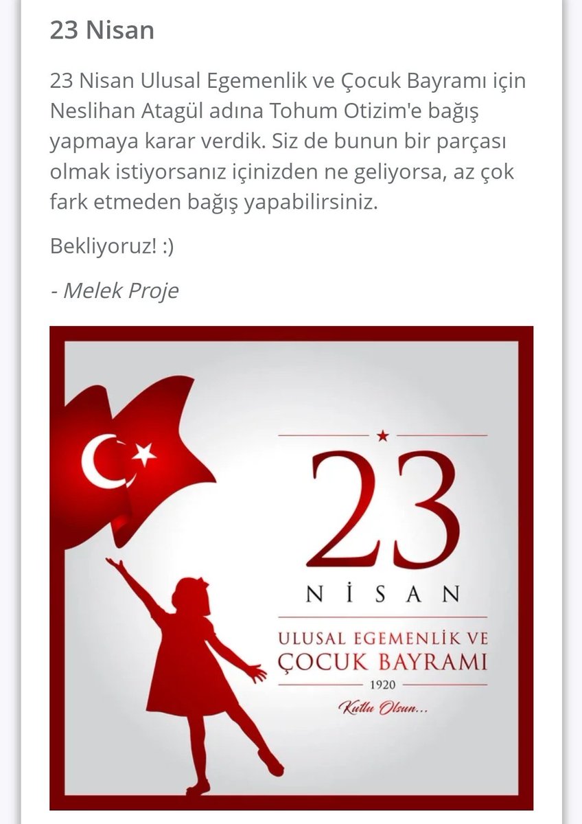 MelekProje's tweet photo. Çocukların eğitimine ne kadar değer verdiğini bildiğimizden senin adına 23 Nisan için bir bağış kampanyası başlattık @neslihanatagul 
Siz de bunun bir parçası olmak istiyorsanız link'e basarak bağış yapabilirsiniz :) 
https://t.co/IraxGoDiza https://t.co/kNMjU0pRxl