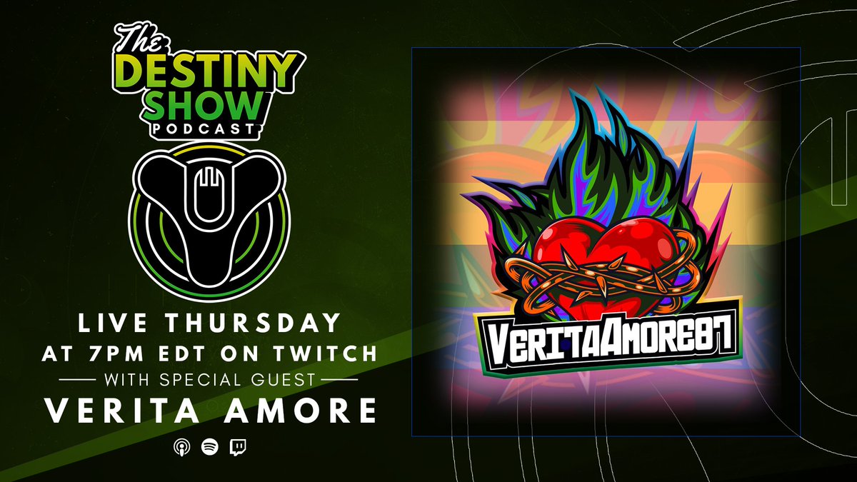 thedestinyshow's tweet image. Eyes up, Guardians. Join us this week with another amazing Guardian from the Destiny community. We're excited to welcome @VeritaAmore87.

☑️ Interview with Jamie
☑️ Grandmaster Nightfall Talks
☑️ This Week at Bungie

Thursday @ 7 pm EDT 👉 twitch.tv/thedestinyshow

#TheDestinyShow