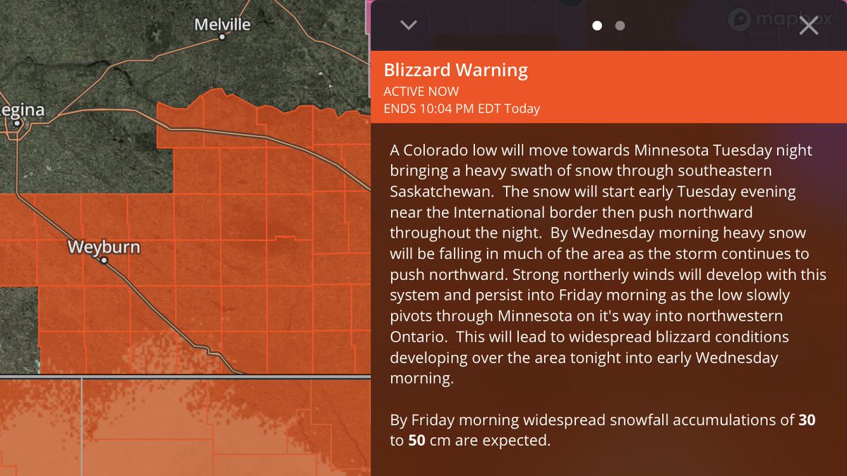 skstorms's tweet photo. Blizzard warning for parts of southeastern Saskatchewan #skwx https://t.co/mdB2U1mDom