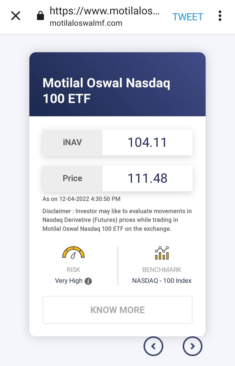 Motilal Oswal NASDAQ 100 ETF (MON100) trading 7 INR above its iNAV. Can experts recommend what it indicates. Time to sell ?
<a href="/IndiaEtfs/">India ETFs & Index Funds</a> <a href="/MotilalOswalAMC/">Motilal Oswal Asset Management</a>