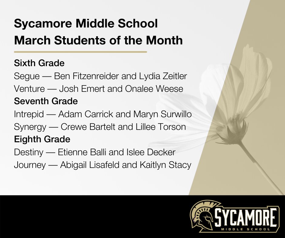 SycamoreMS's tweet image. Congratulations to the March Students of the Month! Thank you for exemplifying our core values and serving as leaders at Sycamore Middle School. We are proud of you! #Empowering2Succeed