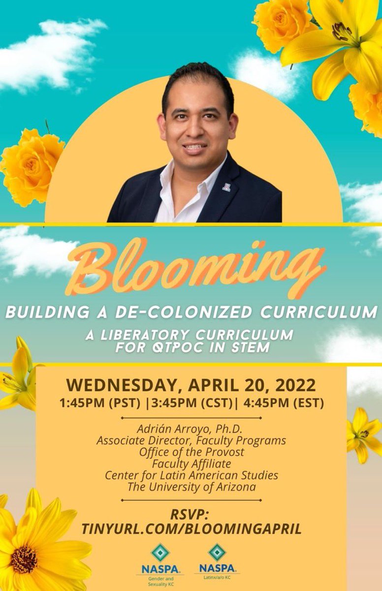 tweetinglavoz's tweet photo. The newest installment of the Blooming series, Building a De-Colonized Curriculum: A Liberatory Curriculum for QTPOC in STEM, is here! #blooming #naspaLKC #naspaGSKC
Happening next week on Wednesday, April 20th, 2022 @ 1:45PM PST | 3:45PM CST | 4:45PM EST

https://t.co/TSqu5TEqfI https://t.co/HlQ3hAUgxq