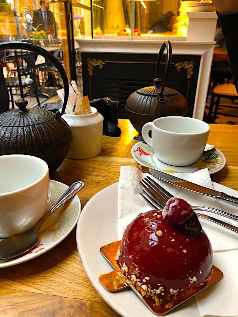 Teatime Tuesday: #teafortwo in the #PassageVivienne, w/a #pastry to share. #frenchpastries #teatime #afternoontea #frenchartoftea #gourmetpastries focusonparis.com