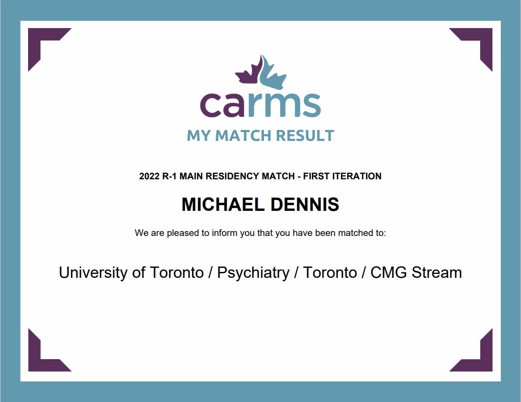 MikeMed's tweet photo. I am truly beyond excited to be matched to 
@UofTPsych! It's been an amazing 7 years at McMaster and I cannot wait to continue my journey as a Psychiatrist 🥳
#CaRMSMatch #CaRMS2022 https://t.co/At5uoB4sHK