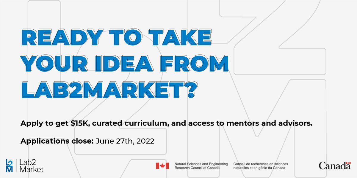 Lab2MarketCA's tweet photo. L2M NSERC is back!

If you're a Canadian Masters, Post-Doc or PhD student looking to learn about the entrepreneurial potential of your research, apply by June 27th, 2022!

Apply here: https://t.co/oT0L9L9VBn
Register for an info session: https://t.co/JJLCnCEIJh https://t.co/JapSqR2ZN9