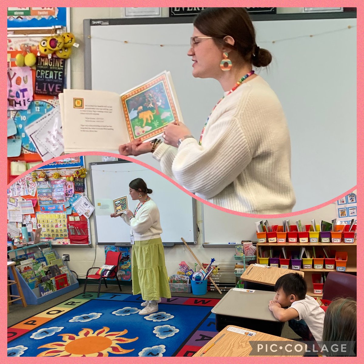 Lexie Warren, library media specialist, shares the Hmong folktale, 'Nine-in-One, Grrr! Grr!' with first grade students at Wakanda.  Students learned how to say tiger and bird in Hmong and count to 10 in Hmong. #hmongheritagemonth
#tsov #noog #tuslej