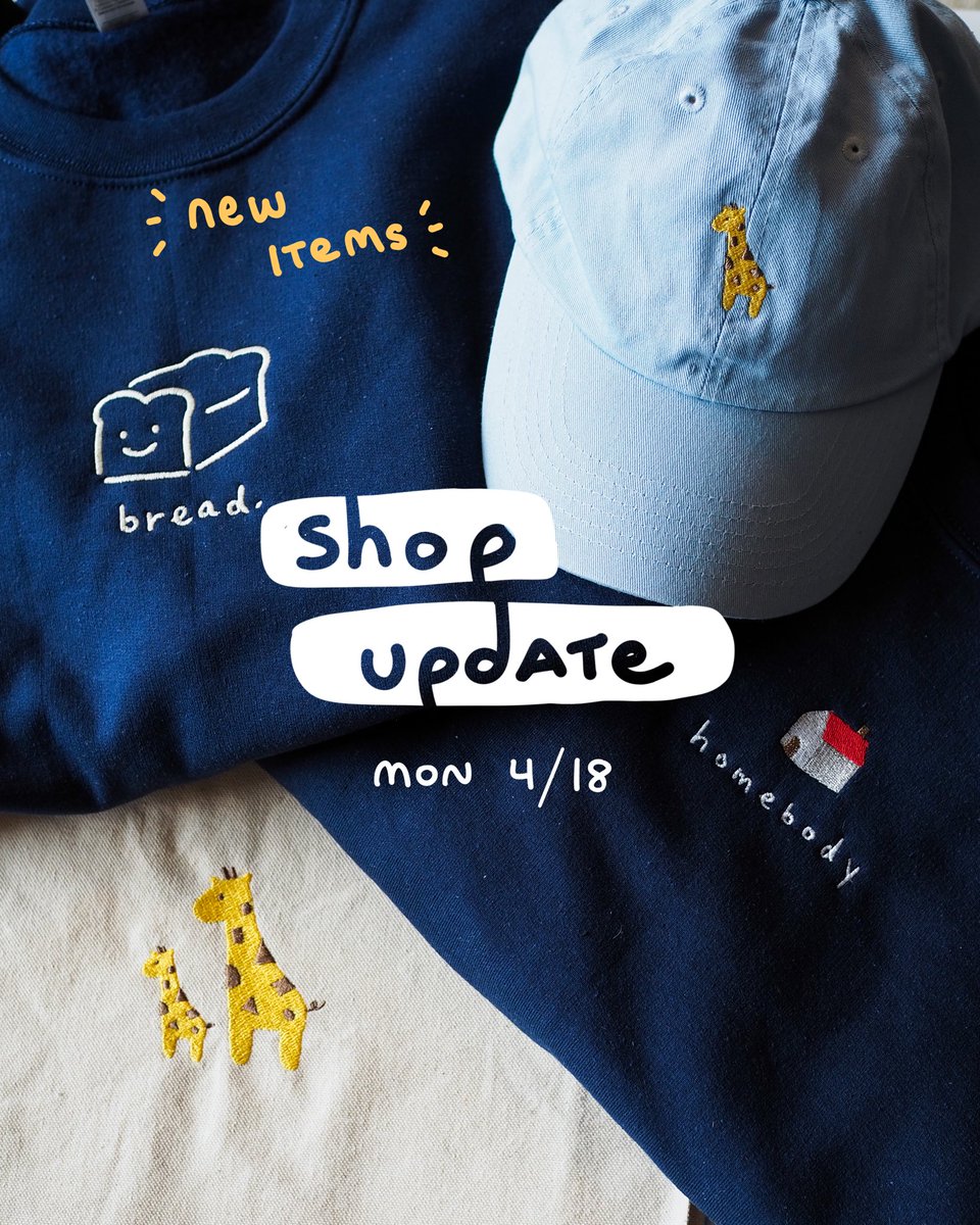 RainbootStudios's tweet photo. We’re excited to announce some new products in our shop that will be available on 4/18!

New items:
🍞 bread sweater
🏠 homebody sweater
🦒 giraffe tote
🦒 giraffe hat

The giraffe sweater will also be coming back as an in-stock item!

#shopsmall #shopupdate #cuteapparel https://t.co/HnEIeCp4HO